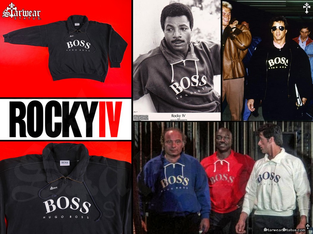 Collage of Rocky IV cast members wearing vintage HUGO BOSS Sports sweatshirts: Rocky Balboa (Sylvester Stallone), Paulie (Burt Young), Tony ‘Duke’ Evers (Tony Burton), and Apollo Creed (Carl Weathers); includes behind-the-scenes image of Sylvester Stallone at the airport wearing black HUGO BOSS Sports sweatshirt, plus two flat lay shots of the black quarter-zip HUGO BOSS sweatshirt personally worn by Sylvester Stallone as Rocky Balboa — from the unrivalled Starwear Status fashion archive (Personal Wardrobe