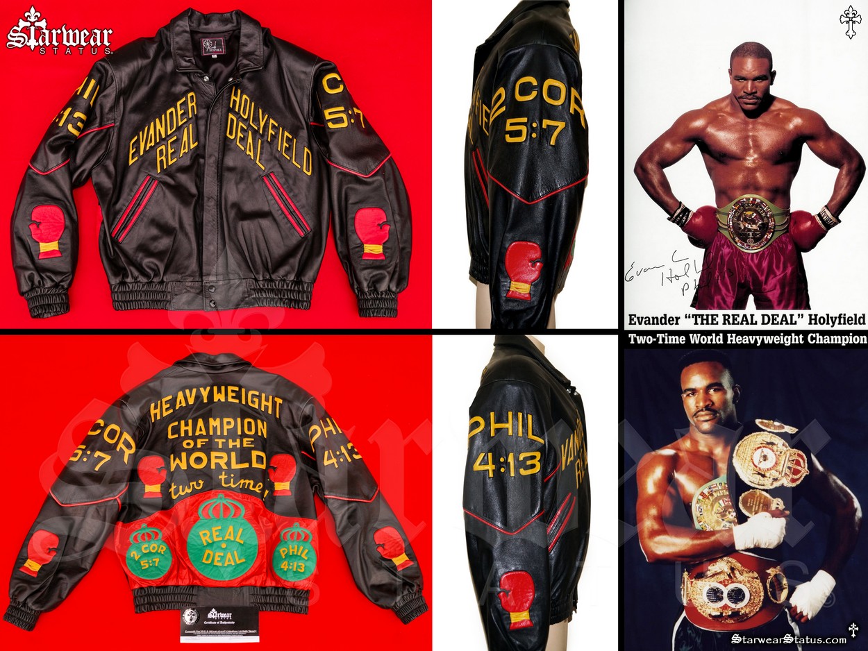 Evander Real Deal Holyfield Worn & Owned Leather Jacket Featuring Boxing Gloves Design | ULTRA RARE Two Time Heavyweight Champion Sports Memorabilia