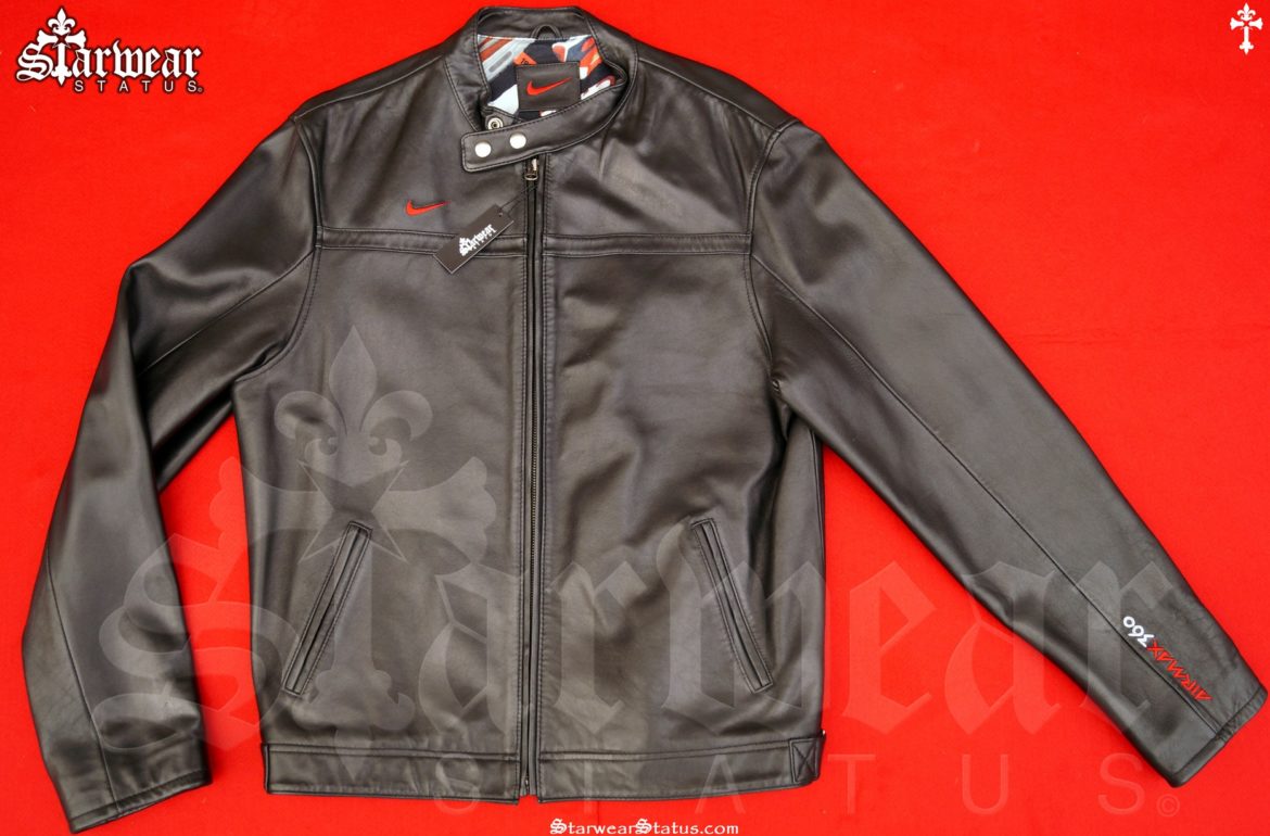 90s Vintage NIKE AIR MAX 360 Leather Moto Biker Black Sports Jacket Men's Medium/Large *VERY 