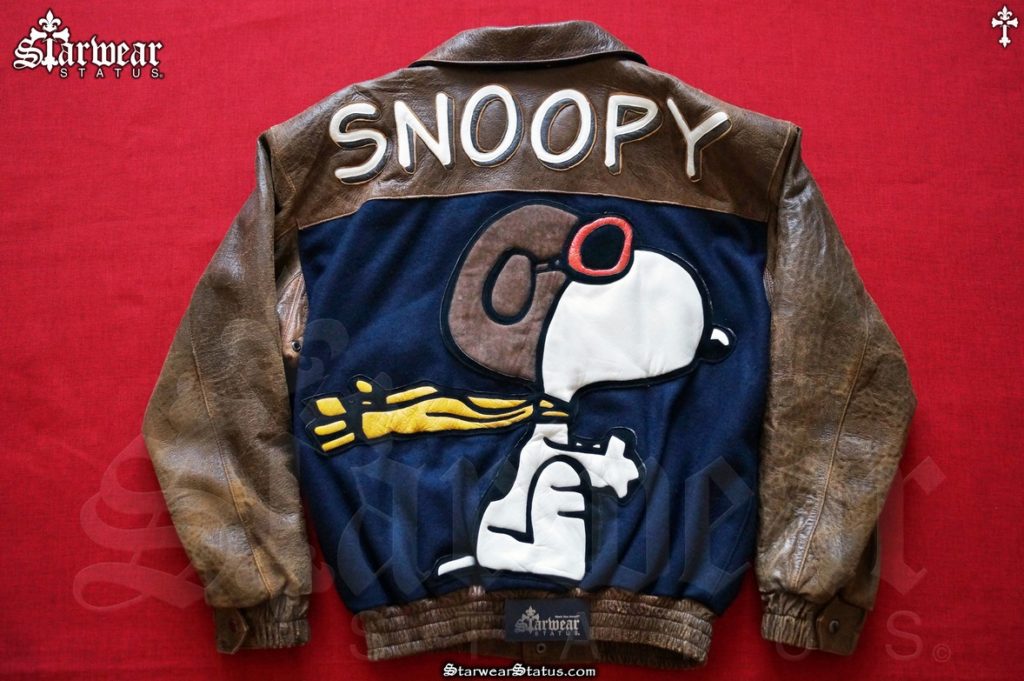 90's SNOOPY 'PEANUTS' Charlie Brown Wool and Leather Cartoon Jacket Men