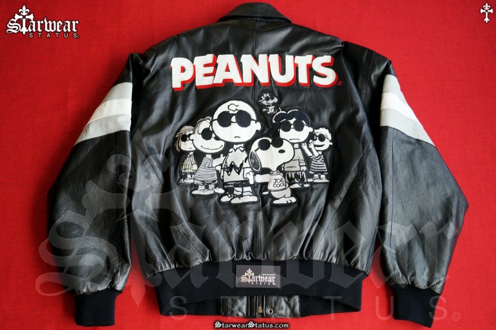 90s Leather PEANUTS Charlie Brown Cartoon Bomber Varsity Jacket Size M