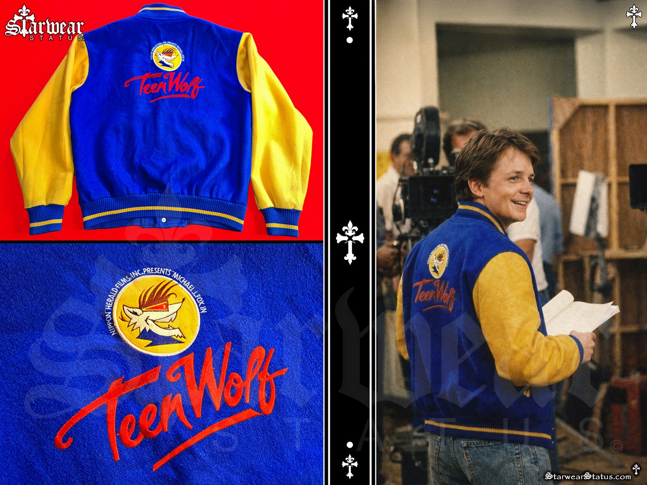 Vintage blue and yellow Teen Wolf (1985) cast and crew letterman jacket with embroidered Teen Wolf back logo, shown alongside original on-set production reference imagery of the jacket worn during filming, from the Starwear Status fashion archive.