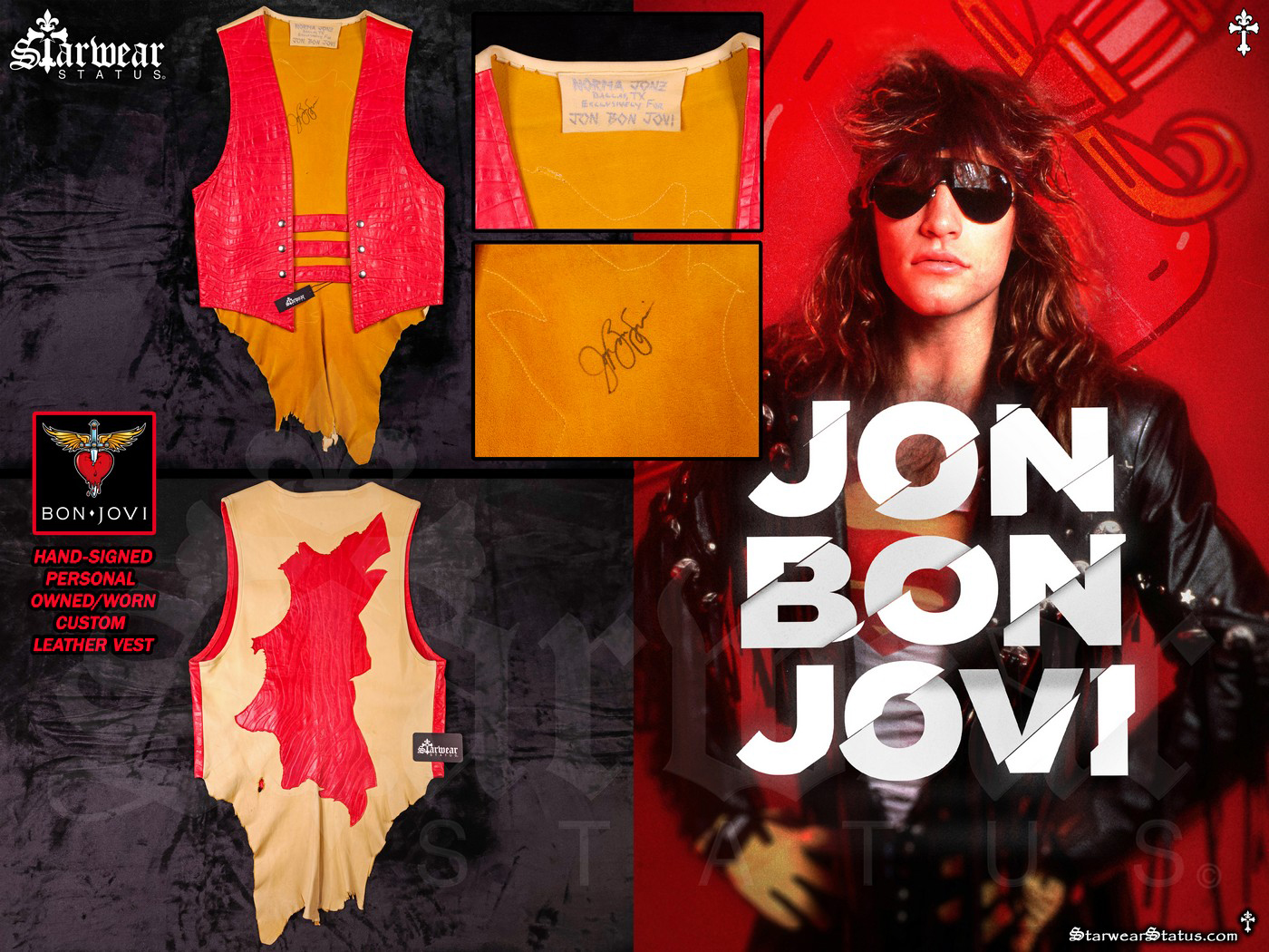 JON BON JOVI Hand-Signed Custom Red Leather Vest Celebrity Worn Wardrobe From Rock 'n' Roll Star (Bon Jovi) ONE OF A KIND!