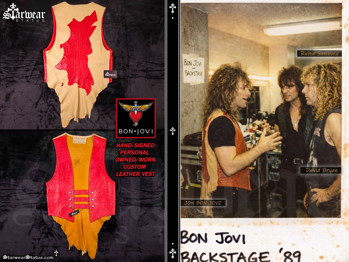 Jon Bon Jovi owned and worn hand-signed custom red leather vest, one-of-one by Normajean Jonz, shown front and back from the Starwear Status archive with reference image of the vest worn backstage during the late 1980s