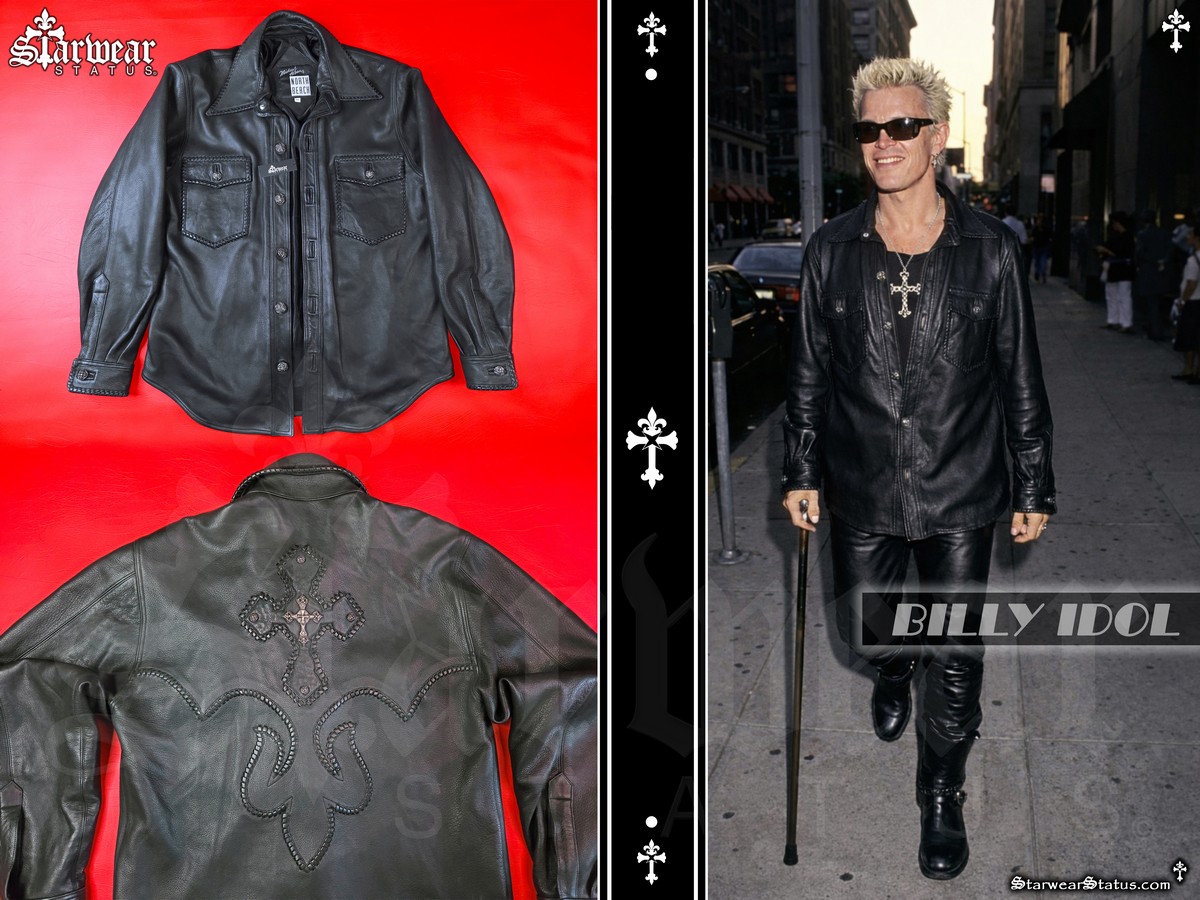 Billy Idol wearing his personally owned Amal Guessous x Michael Hoban North Beach leather jacket, featuring .925 sterling silver cross-stud hardware, photographed alongside detailed front and back views from the Starwear Status fashion archive.
