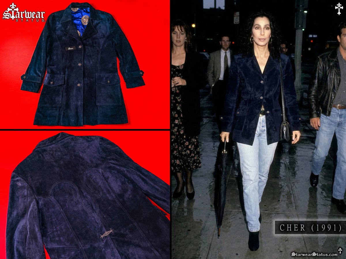 Cher wearing her personally owned Amal Guessous x Chrome Hearts suede leather coat featuring sterling silver cross hardware and Fleur-De-Lis design, photographed in 1991, alongside detailed product views from the Starwear Status fashion archive.