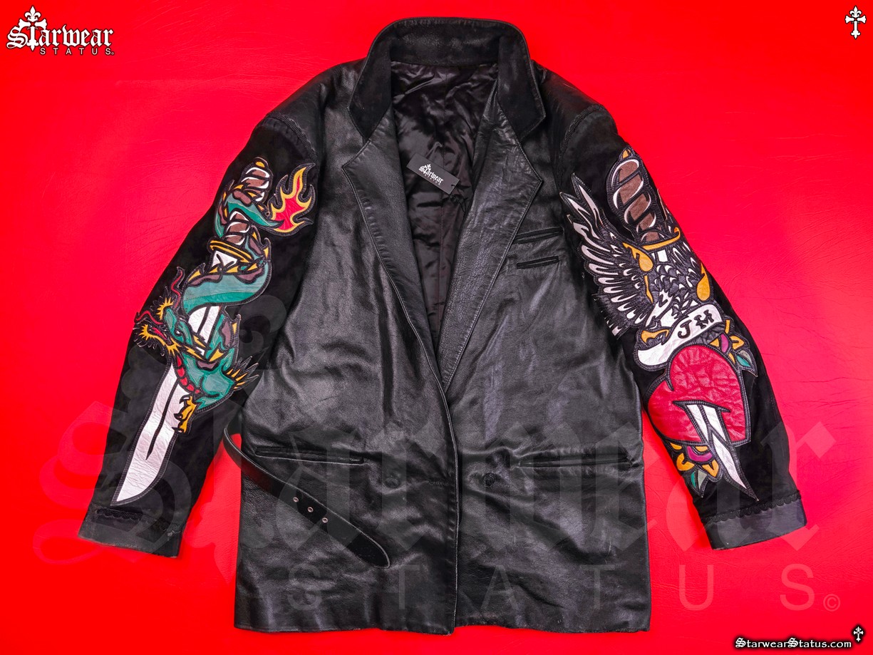 Vintage 80's 90's Jeff Hamilton Dragon Flames Dagger & Angel Wings Suede Leather Biker Blazer Jacket M/L - EXTREMELY RARE (Color Me Badd Worn Design!)