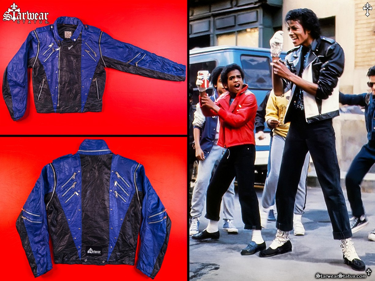 Vintage 80s Michael Jackson J-Park PEPSI COMMERCIAL Beat It Style Blue Black Leather Zipper Jacket L - ULTRA RARE!! (PEPSI NEW GENERATION MUSIC VIDEO)
