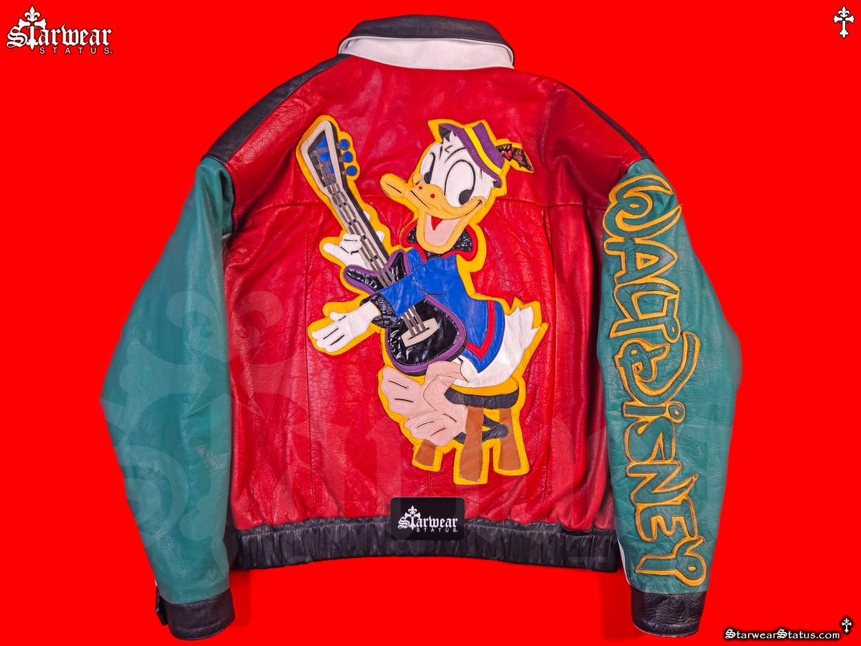 Vintage 80s-90s Disney Donald Duck Leather Colorblock Bomber Jacket – Electric Guitar Design – Unisex M-L | Ultra Rare
