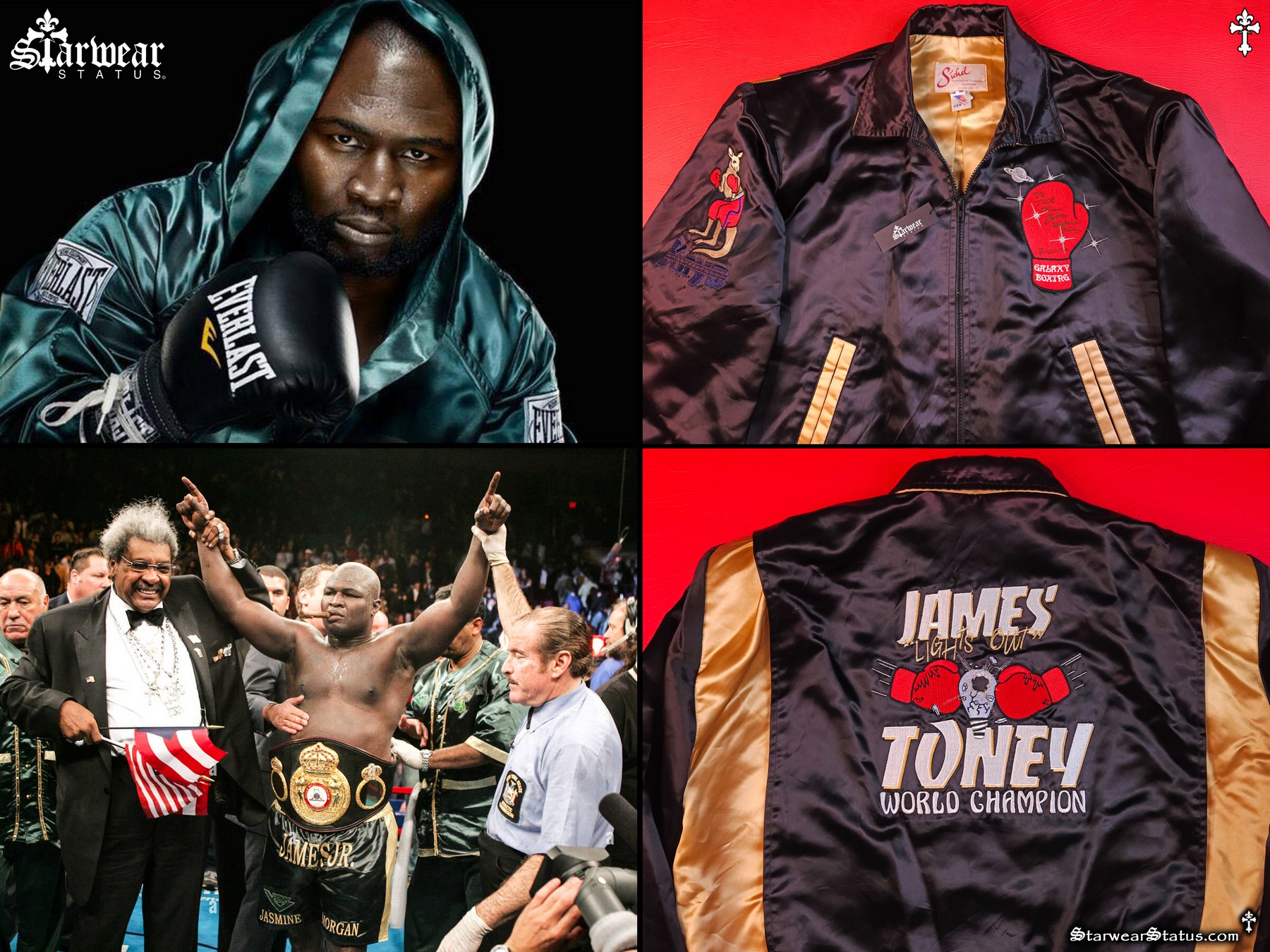 James 'Lights Out' Toney owned and worn Galaxy Boxing Gloves jacket featuring Kayo Kangaroo embroidery, vintage 1990s satin bomber, hand-signed, one-of-a-kind sports memorabilia.