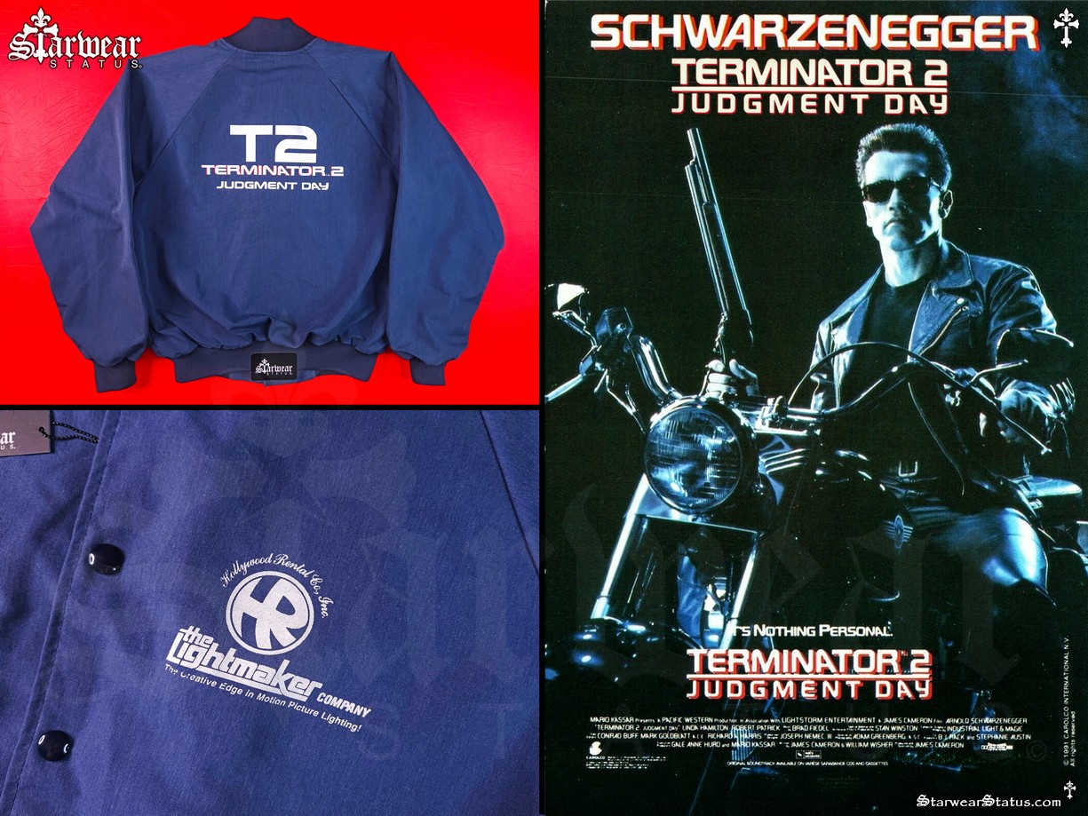 Vintage 90s Terminator 2 T2 Judgement Day movie crew promo jacket L worn by film lighting company staff starring Arnold Schwarzenegger