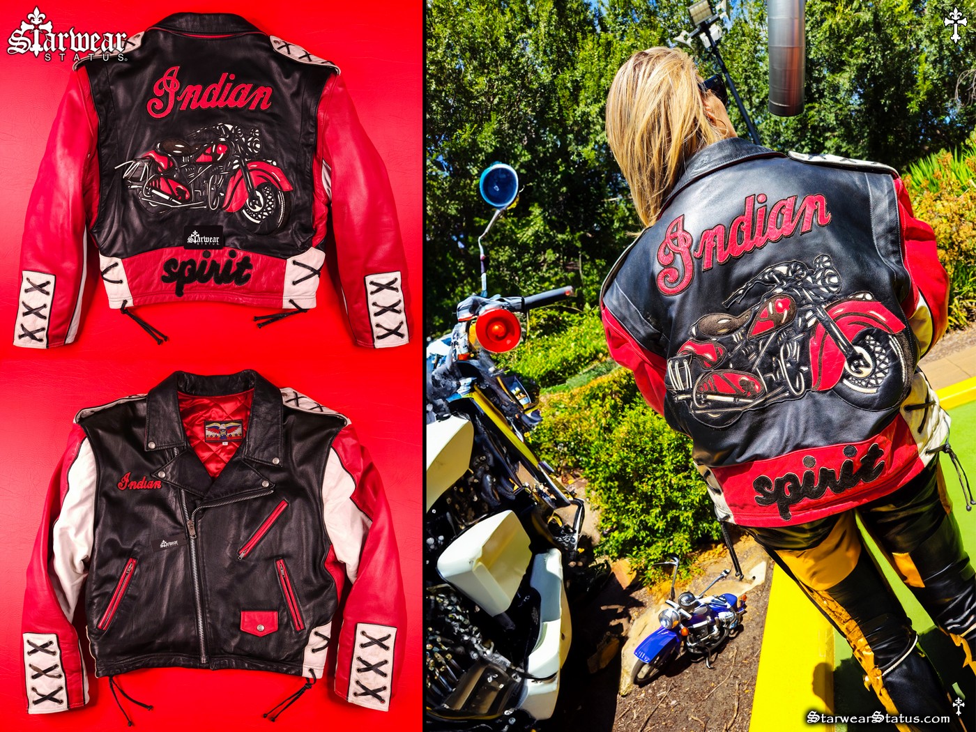 Vintage 1980s–1990s Jeff Hamilton leather biker jacket featuring Cherokee-inspired Indian Motorcycle design, leather tassels, and intricate embroidery; rare limited edition collectible in size M/L.