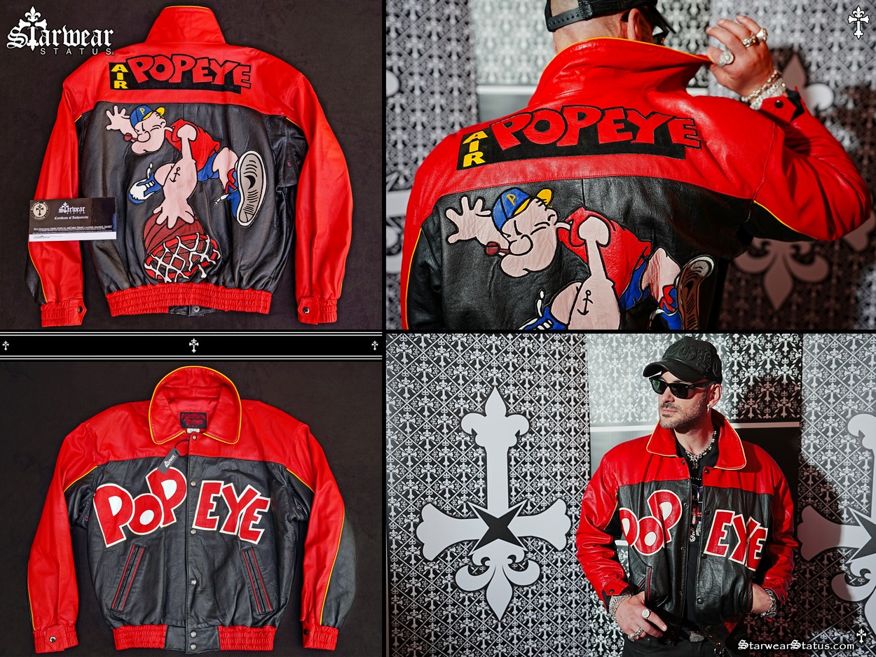 Vintage 80s 90s AIR POPEYE Sailor Man leather bomber jacket featuring cartoon Michael Jordan graphic, Montana Toons artwork, hip hop streetwear style, size M/L