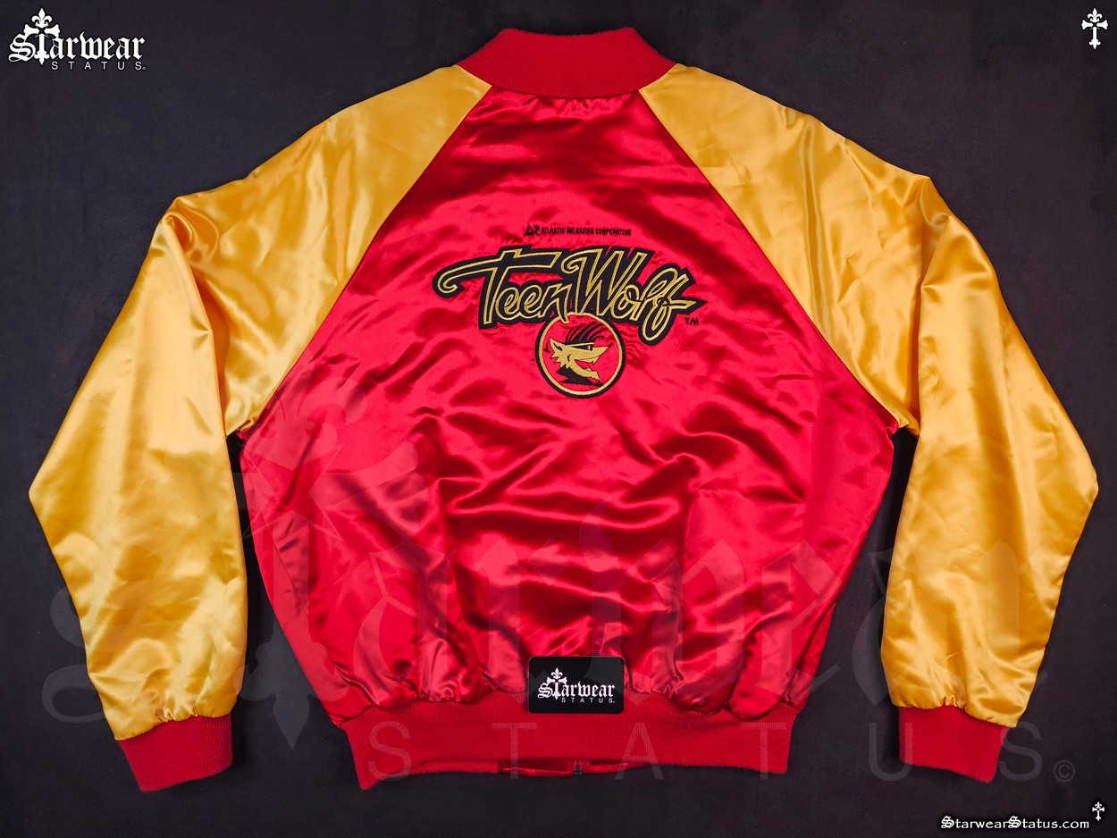 Vintage 1985 Teen Wolf movie satin letterman jacket XL – rare 80s varsity jacket featuring Michael J. Fox as Scott Howard, official Paramount film crew apparel