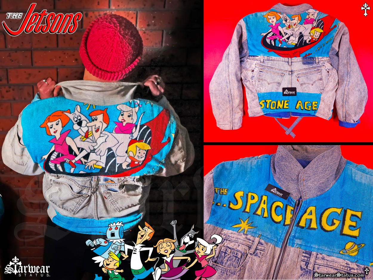 Vintage 80s-90s Too Cute x Levi’s THE JETSONS cartoon acid wash patchwork denim jacket in size L/XL, inspired by space-themed pop culture, very rare collectible.