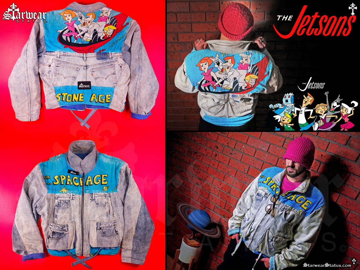 Vintage 80s-90s Too Cute x Levi’s THE JETSONS cartoon acid wash patchwork denim jacket in size L/XL, inspired by space-themed pop culture, very rare collectible.