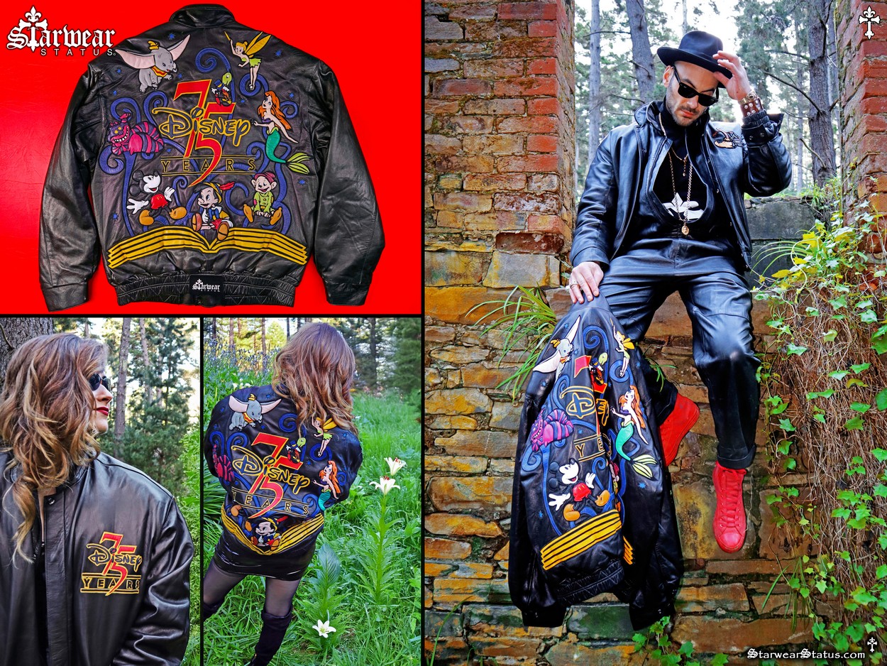 Vintage 90s Walt Disney Gallery Leather Bomber Jacket L featuring Mickey Mouse, Pinocchio, Ariel, Dumbo, and Dopey, 75th Anniversary Limited Edition Collectible Disney jacket for men and women