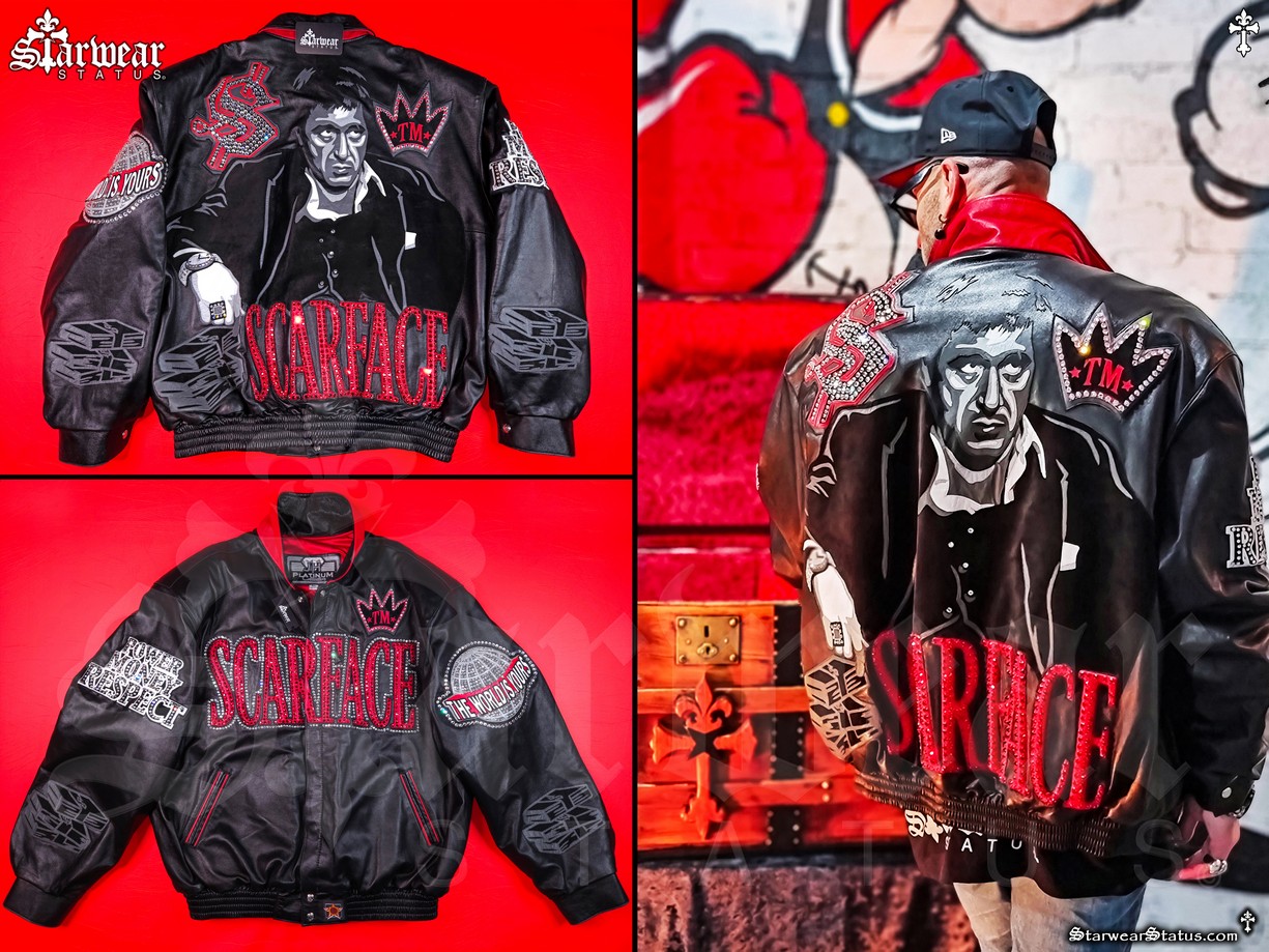 Jadius Knight wearing a Vintage 90s Jeff Hamilton SCARFACE Tony Montana Leather Bomber Jacket 4XL, Platinum Edition, a standout piece from the unrivalled Starwear Status fashion archive.