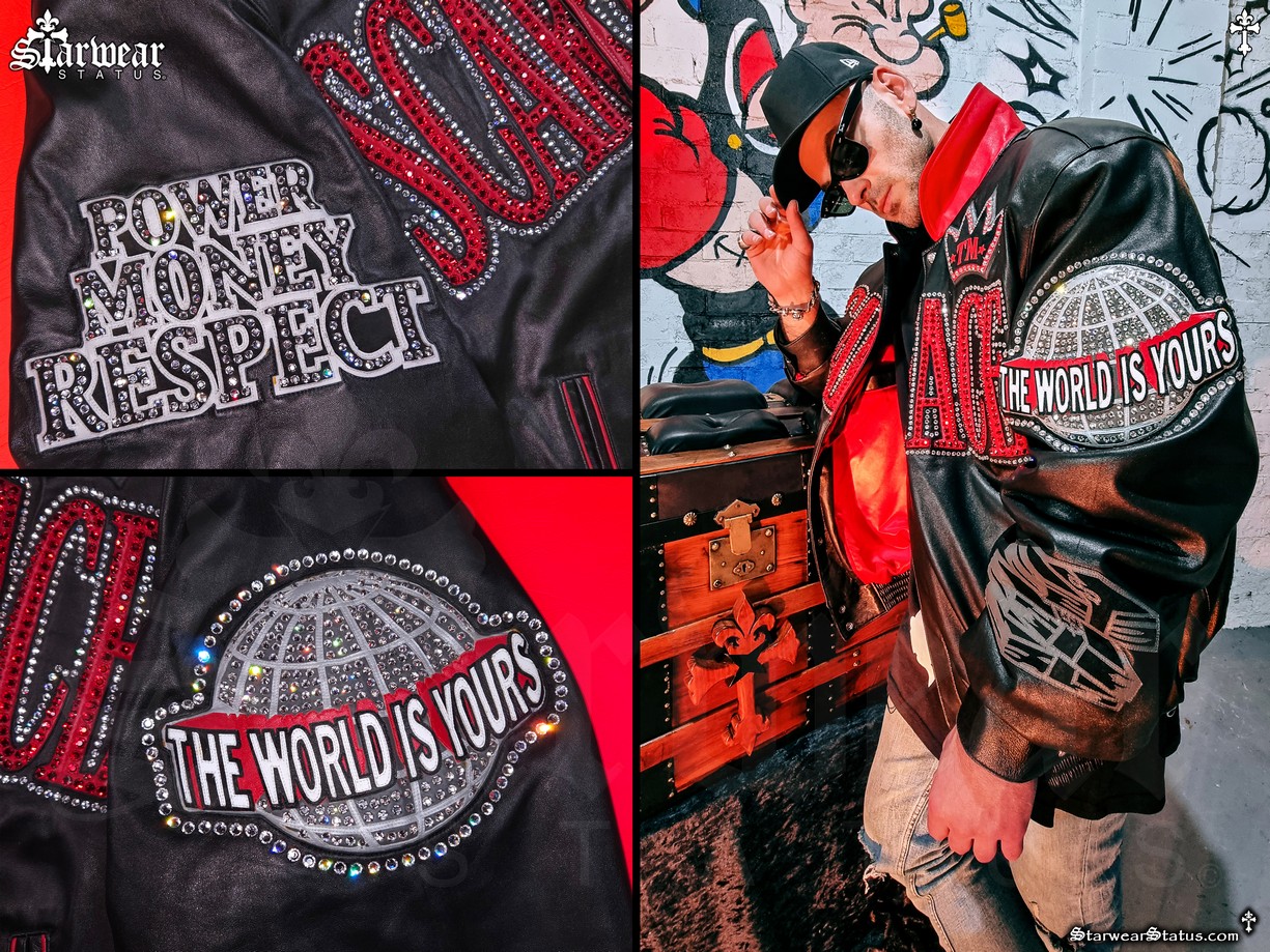 Jadius Knight wearing a Vintage 90s Jeff Hamilton SCARFACE Tony Montana Leather Bomber Jacket 4XL, Platinum Edition, a standout piece from the unrivalled Starwear Status fashion archive.
