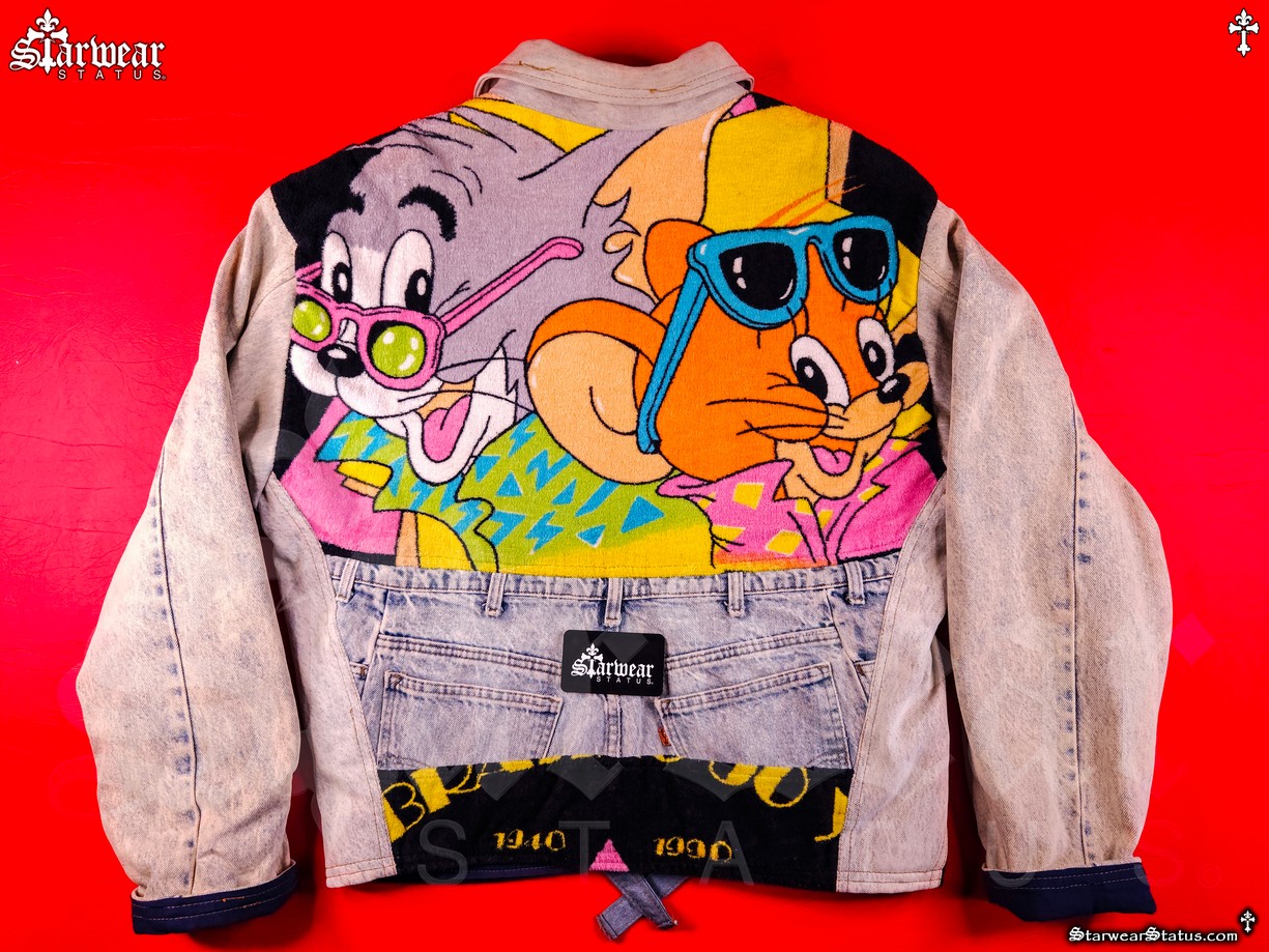Back view of vintage Tom and Jerry Levi’s patchwork denim jean jacket showing unique cartoon design