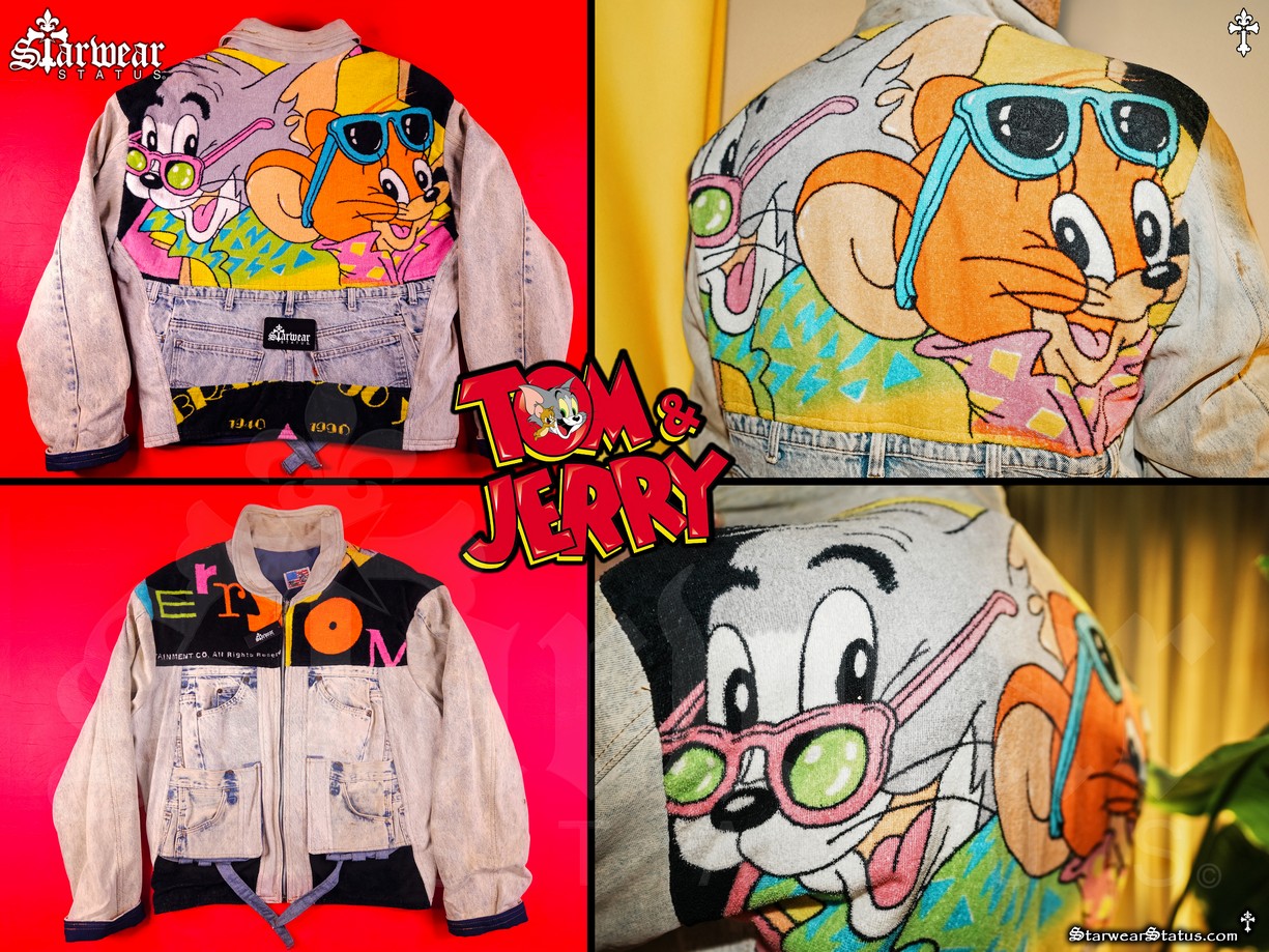 Collage of front and back shots of Jadius Knight wearing Tom and Jerry Too Cute by Warner Bros Levi’s patchwork denim jacket from the unrivalled Starwear Status fashion archive