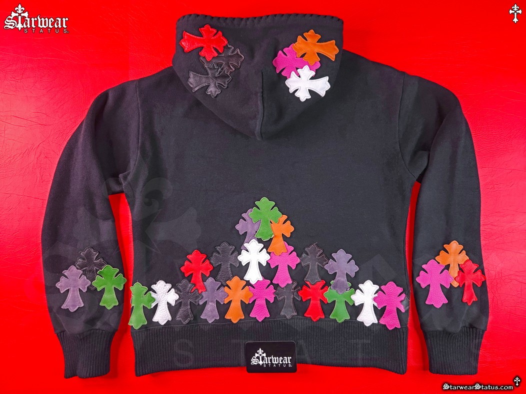 Back view of A&G Cashmere by Amal Guessous x Chrome Hearts leather hoodie with cross motif and .925 sterling silver hardware, from the unrivaled Starwear Status archive