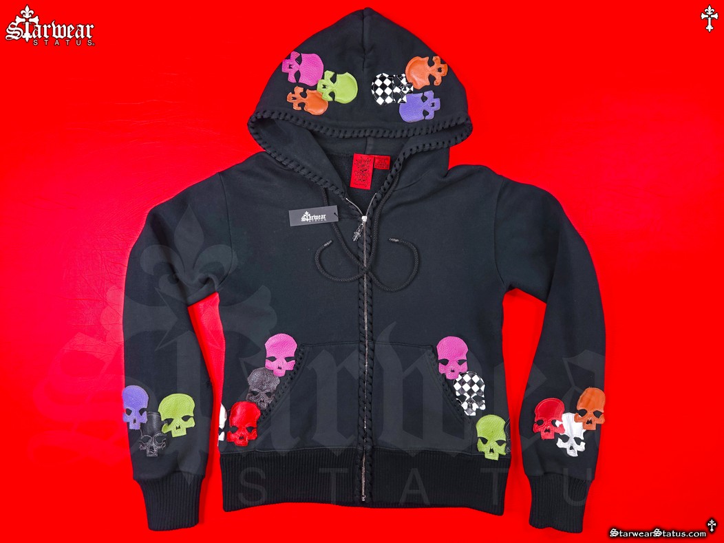 Front view of A&G Cashmere by Amal Guessous x Chrome Hearts hoodie jacket featuring Matty Boy–style colorful leather skull motif and .925 sterling silver hardware, from the unrivaled Starwear Status fashion archive.