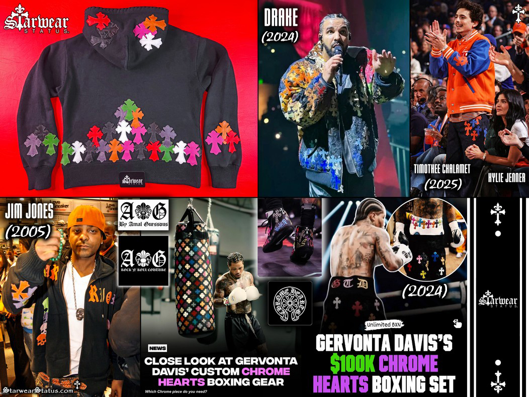 Back view of A&G Cashmere by Amal Guessous x Chrome Hearts hoodie, featuring a collage of celebrities wearing similar designs, including Timothée Chalamet, Drake, Jim Jones, and Gervonta Davis, from the unrivaled Starwear Status archive