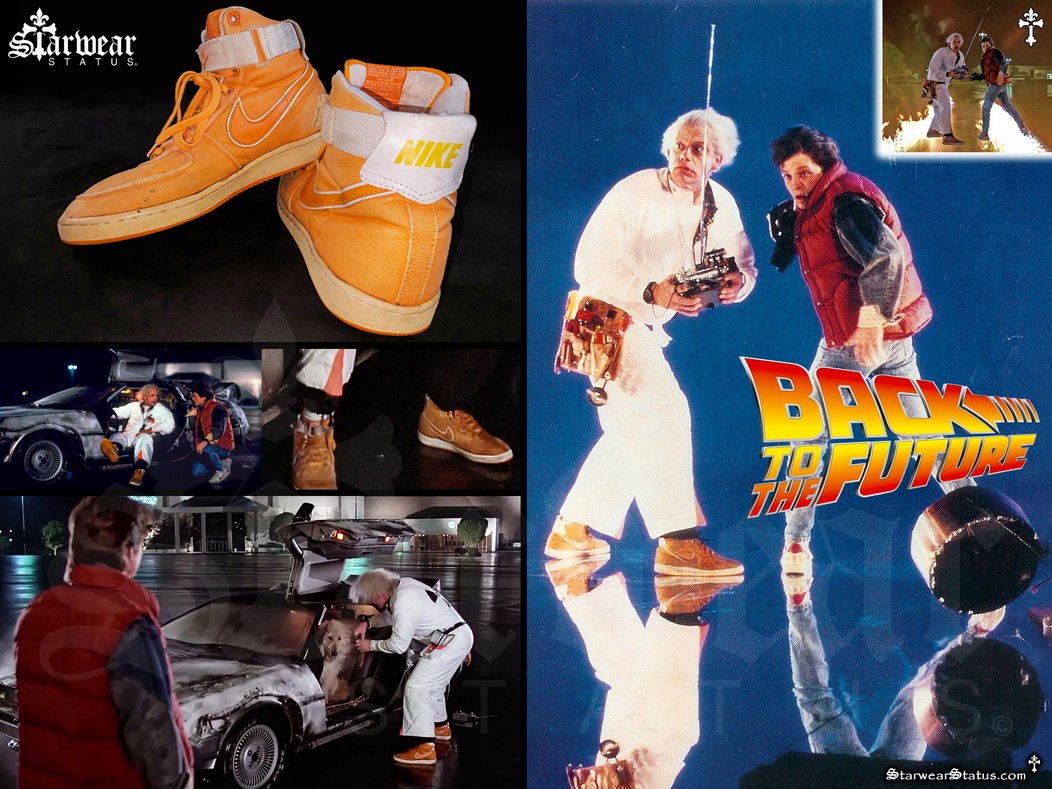 Collage showing original screen-worn Nike Vandal high-top sneakers worn by Christopher Lloyd as Doc Brown in Back to the Future, alongside Marty McFly portrayed by Michael J. Fox during the iconic Twin Pines Mall DeLorean time travel scene, with close-up details of the vintage orange Nike Vandals, from the unrivalled Starwear Status fashion archive