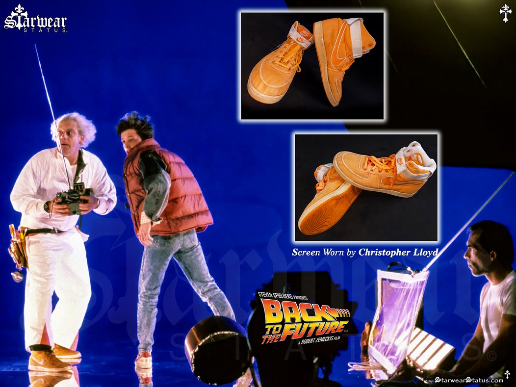 Composite image featuring original screen-worn Nike Vandal high-top sneakers worn by Christopher Lloyd as Doc Brown in Back to the Future, shown alongside Marty McFly portrayed by Michael J. Fox during the iconic Twin Pines Mall DeLorean time travel sequence, with close-up vintage Nike Vandal details and behind-the-scenes film stills, from the unrivalled Starwear Status fashion archive