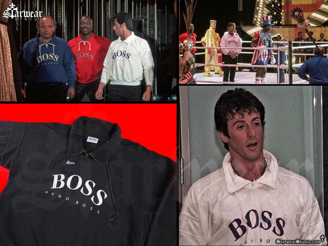 Collage of Rocky IV cast members wearing vintage HUGO BOSS Sports sweatshirts: Rocky Balboa (Sylvester Stallone), Paulie (Burt Young), Tony ‘Duke’ Evers (Tony Burton), and Apollo Creed (Carl Weathers); includes behind-the-scenes image of Sylvester Stallone at the airport wearing black HUGO BOSS Sports sweatshirt, plus two flat lay shots of the black quarter-zip HUGO BOSS sweatshirt personally worn by Sylvester Stallone as Rocky Balboa — from the unrivalled Starwear Status fashion archive (Personal Wardrobe