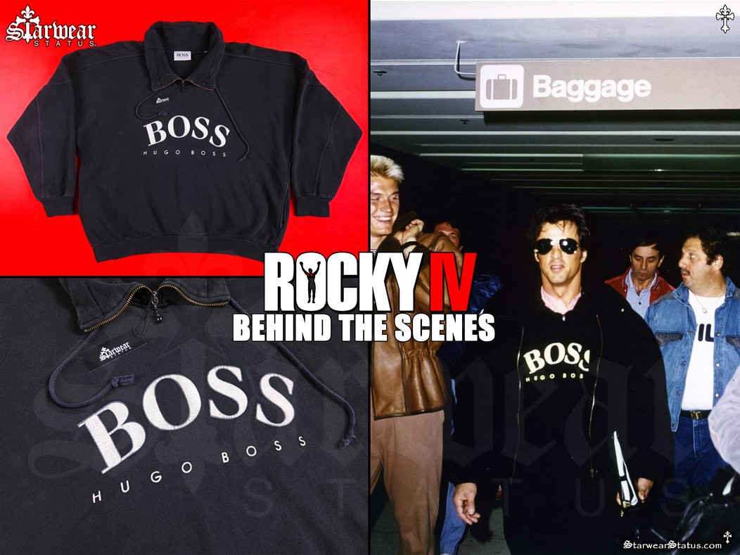 Vintage HUGO BOSS Sports sweatshirt full flat lay and close-up logo shots, black and white quarter-zip design, personally worn by Sylvester Stallone as Rocky Balboa; previously seen behind the scenes arriving at Jackson Hole Airport with Dolph Lundgren during Rocky IV filming, part of the unrivalled Starwear Status fashion archive (Personal Wardrobe / Rocky Balboa)