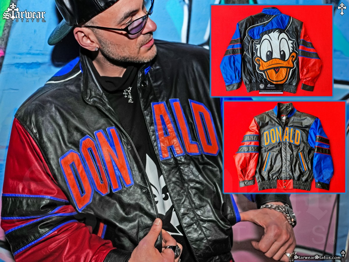 Jadius Knight wearing Vintage 80s–90s Walt Disney’s Donald Duck leather colorblock bomber jacket by Mickey & Co showing DONALD front lettering with front and back jacket views from the unrivalled Starwear Status fashion archive
