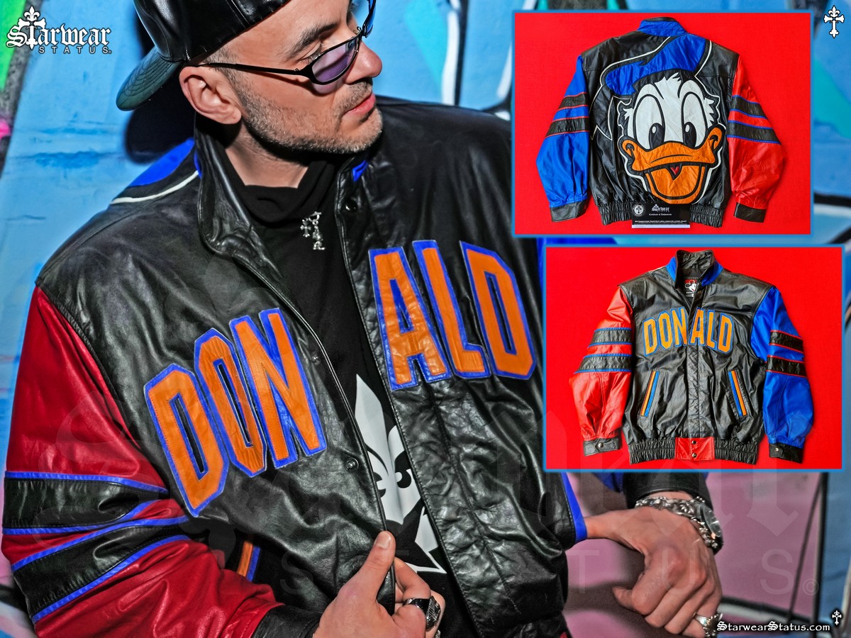 Jadius Knight wearing Vintage 80s–90s Walt Disney’s Donald Duck leather colorblock bomber jacket by Mickey & Co showing DONALD front lettering with front and back jacket views from the unrivalled Starwear Status fashion archive