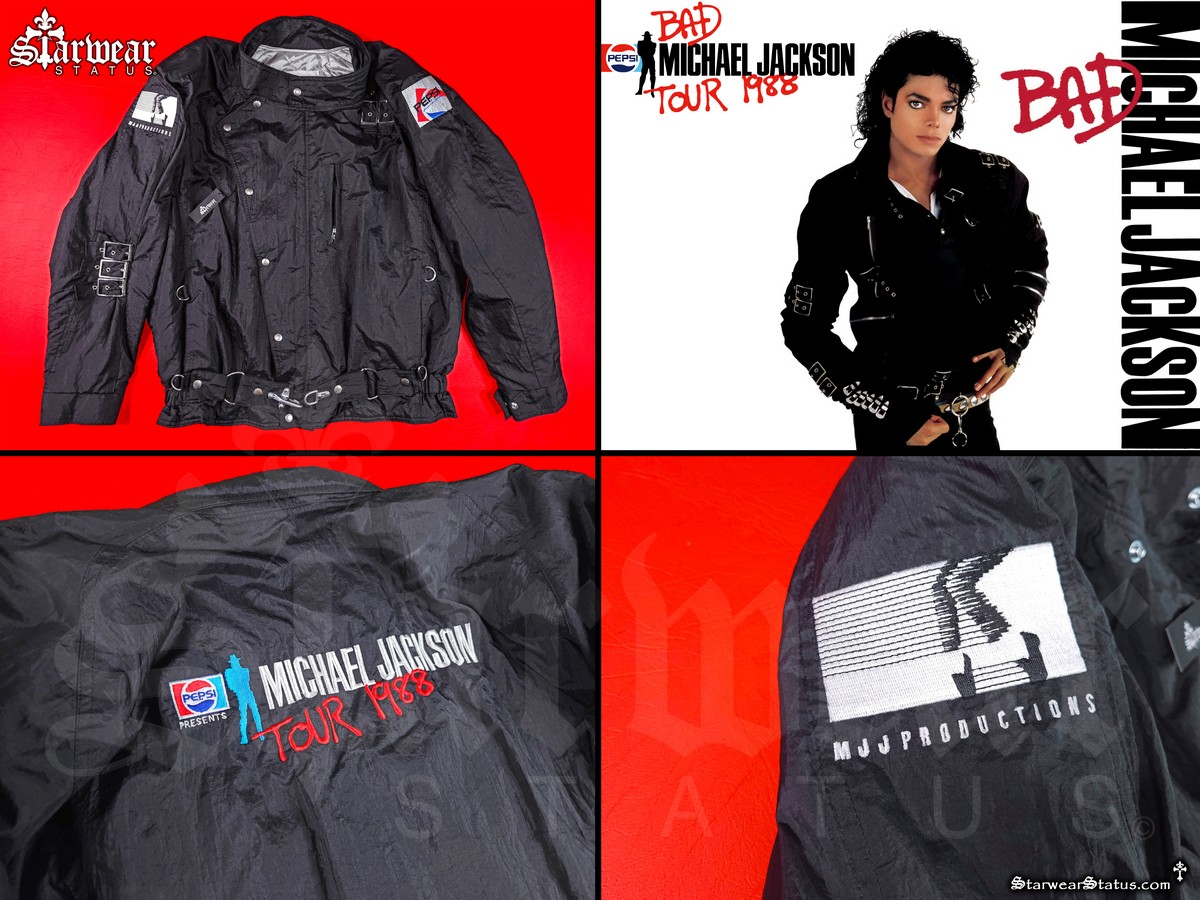 Michael Jackson BAD era reference image alongside crew buckle jacket showing design similarity 1988 tour aesthetic