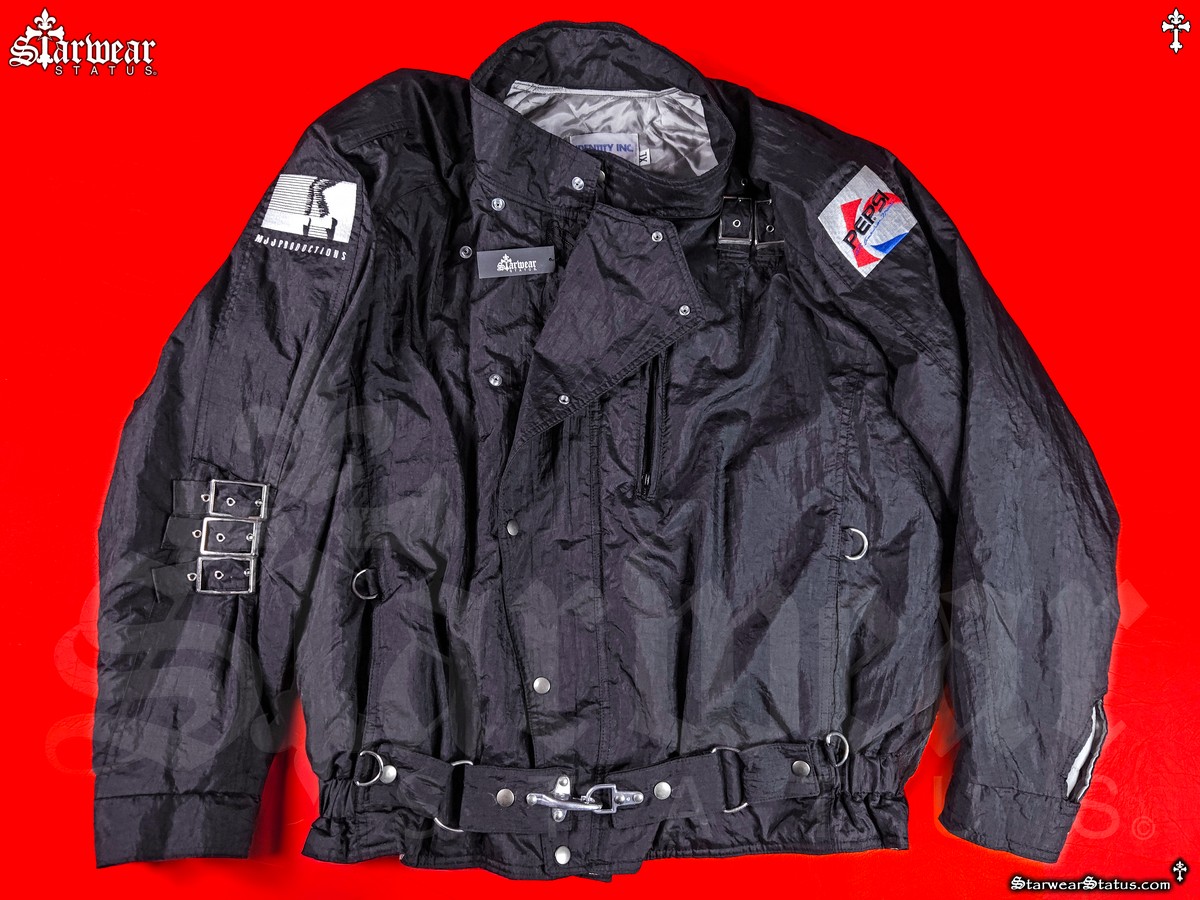 Michael Jackson BAD Tour crew member buckle jacket front view 1988 MJJ Productions Pepsi promotional vintage jacket Starwear Status archive