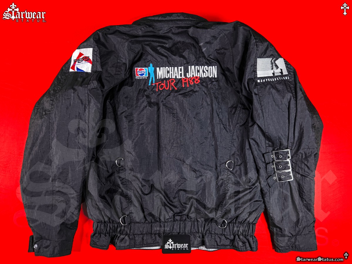 Michael Jackson BAD Tour 1988 crew jacket back view with Pepsi presents and MJJ Productions branding vintage tour memorabilia